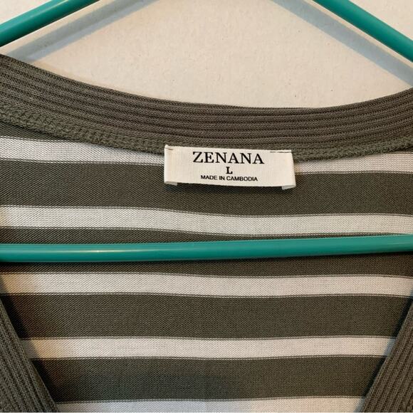 Zenana Green Stripe Snap Front Vneck Cardigan - Picture 3 of 6
